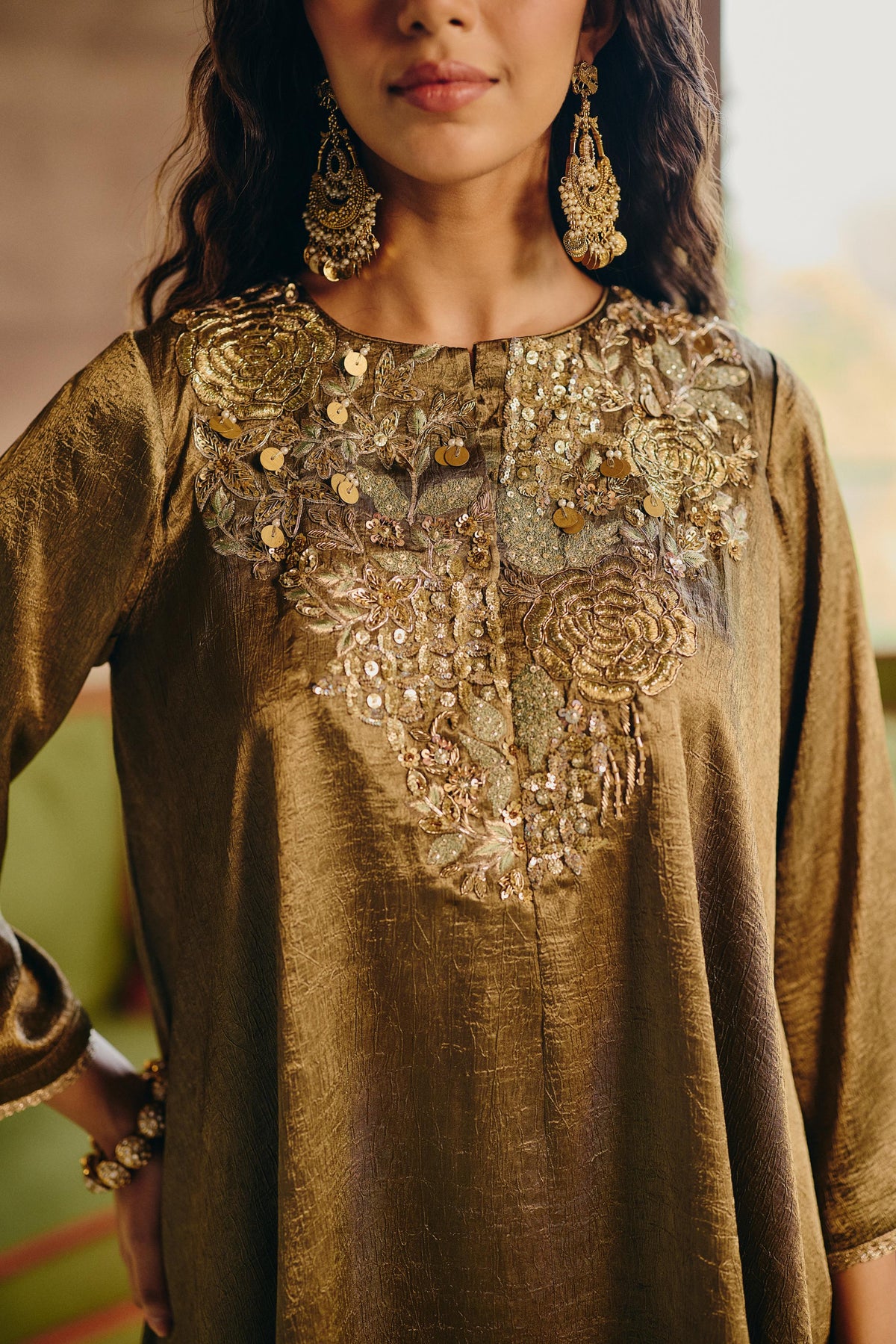 Bronze Olive Embellished Crushed silk Co-Ord Set