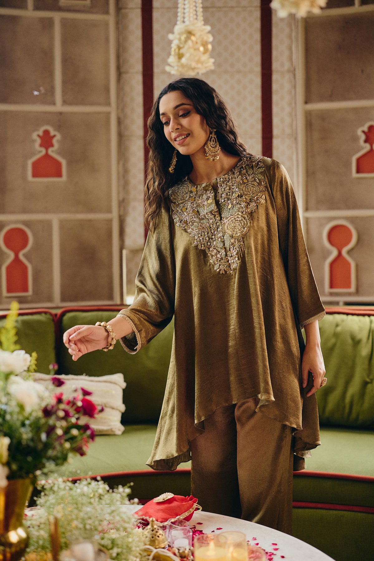Bronze Olive Embellished Crushed silk Co-Ord Set
