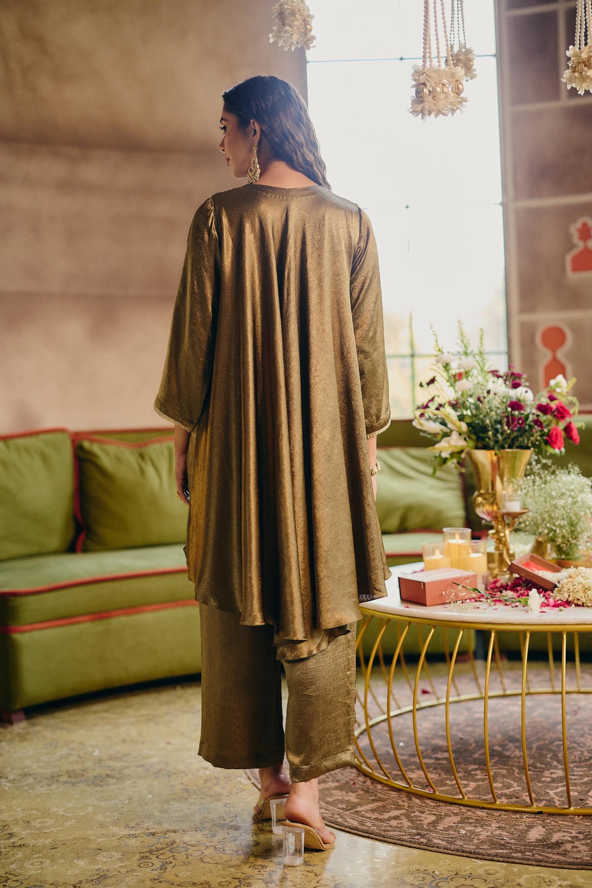 Bronze Olive Embellished Crushed silk Co-Ord Set