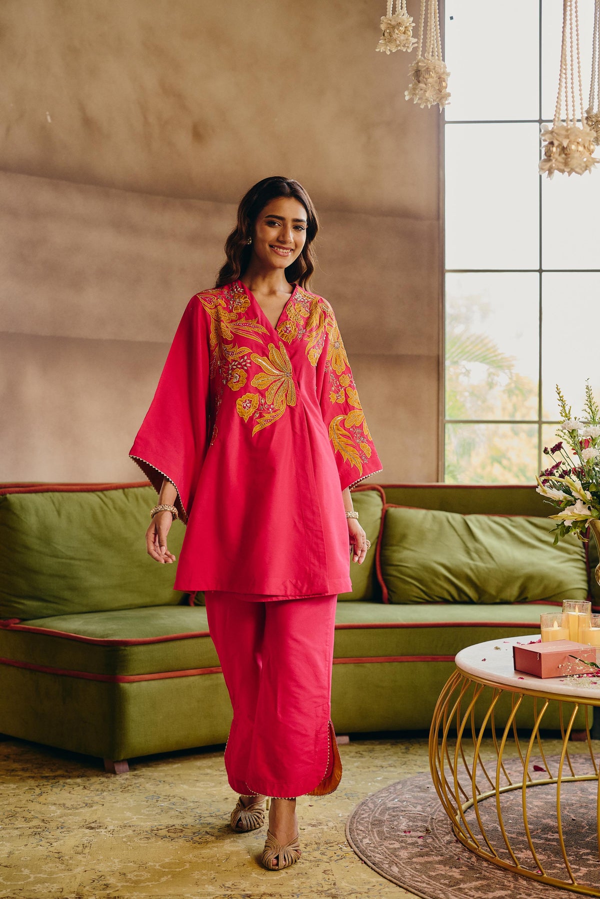 Hot Pink & Mustard Embellished Modal Silk Co-Ord Set
