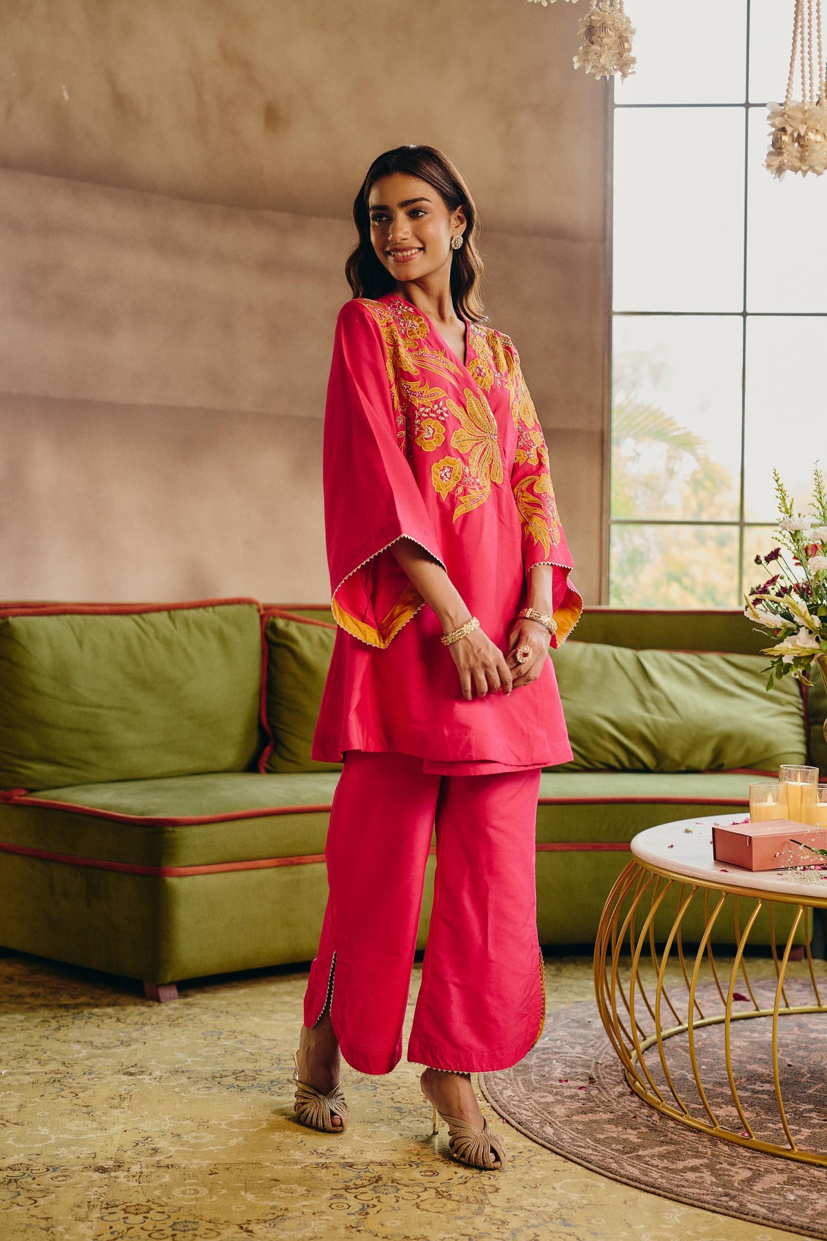 Hot Pink & Mustard Embellished Modal Silk Co-Ord Set