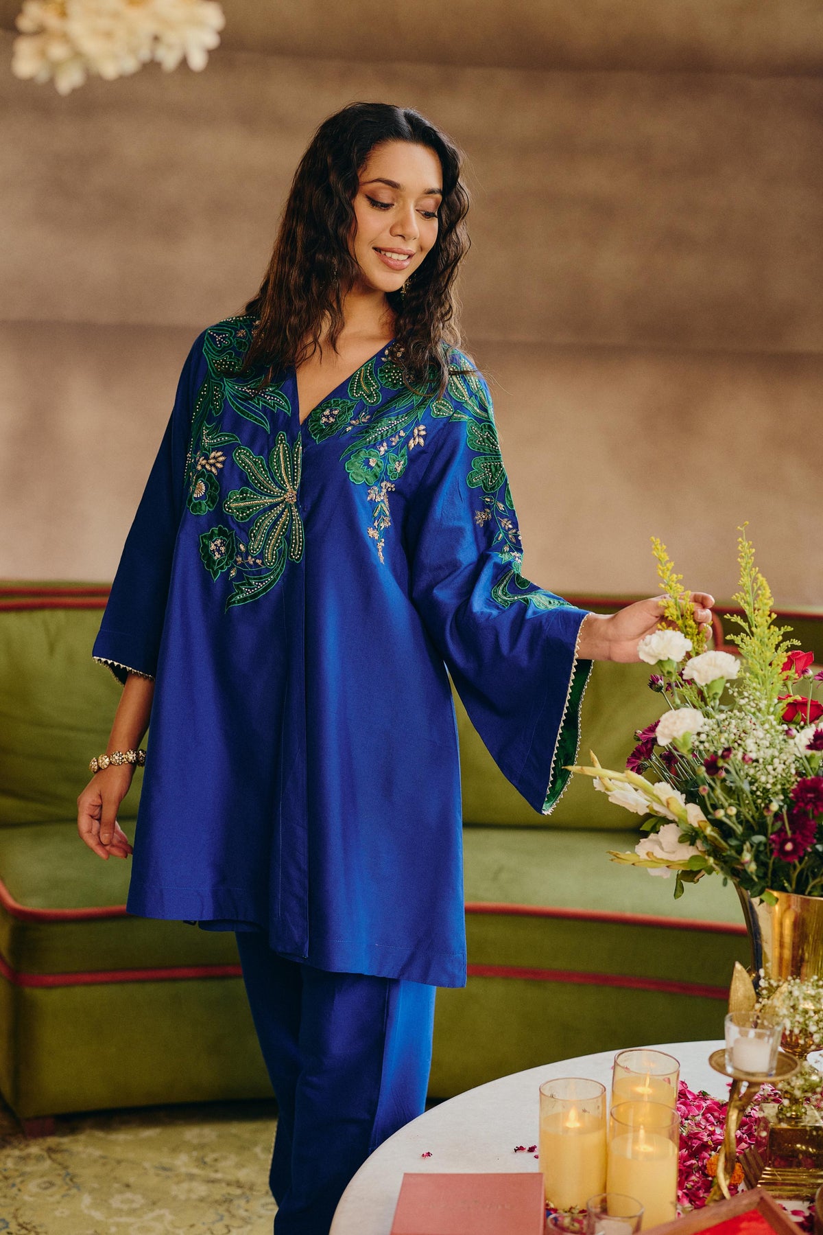 Royal Blue & Green Embellished Modal Silk Co-Ord Set