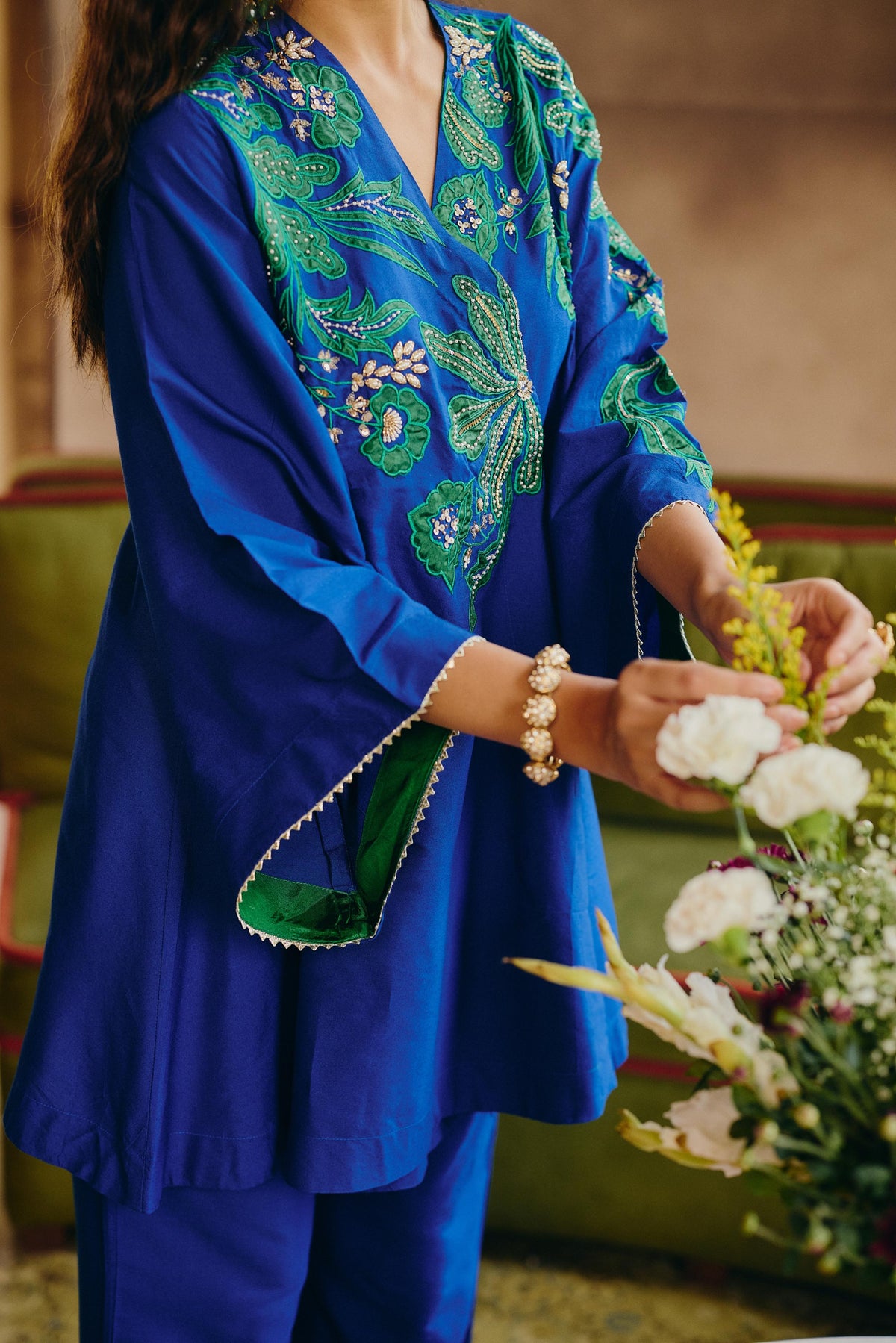 Royal Blue & Green Embellished Modal Silk Co-Ord Set