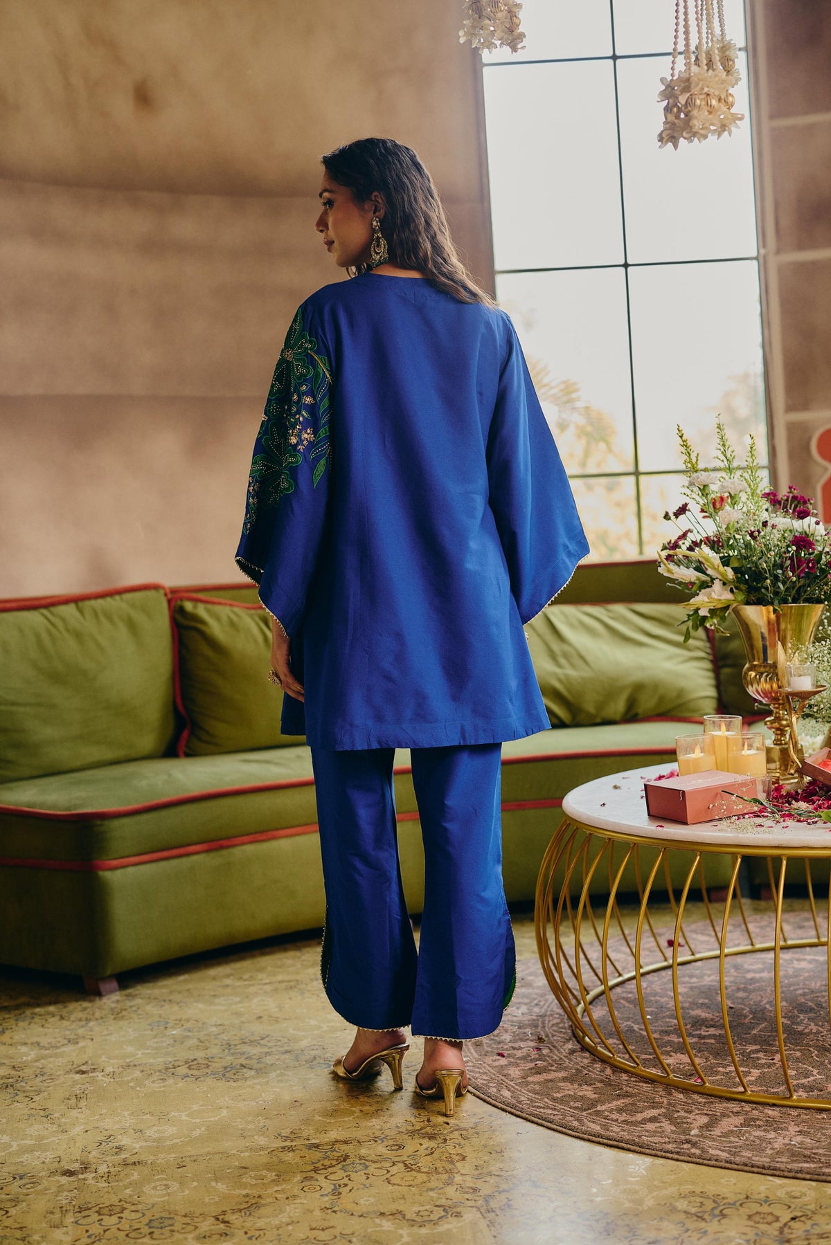 Royal Blue & Green Embellished Modal Silk Co-Ord Set