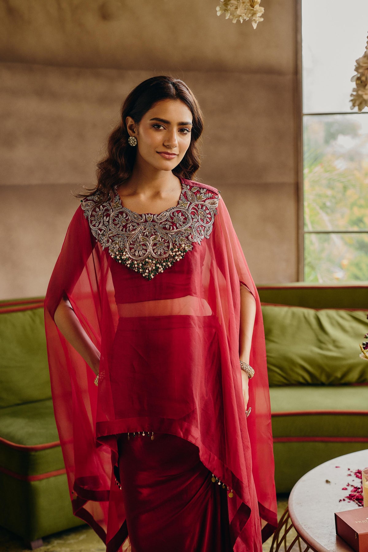 Red Ruby Embellished Satin Silk Skirt Set