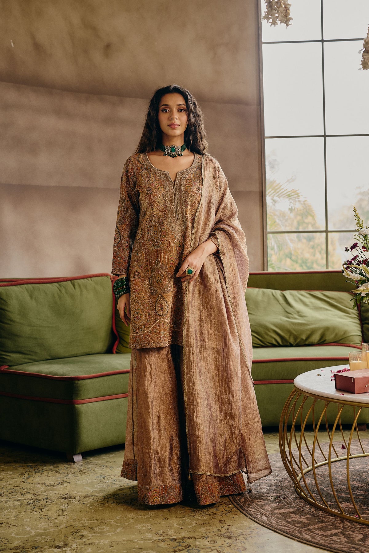 Muted Mustard Embellished Crushed Tissue Silk Palazzo Set