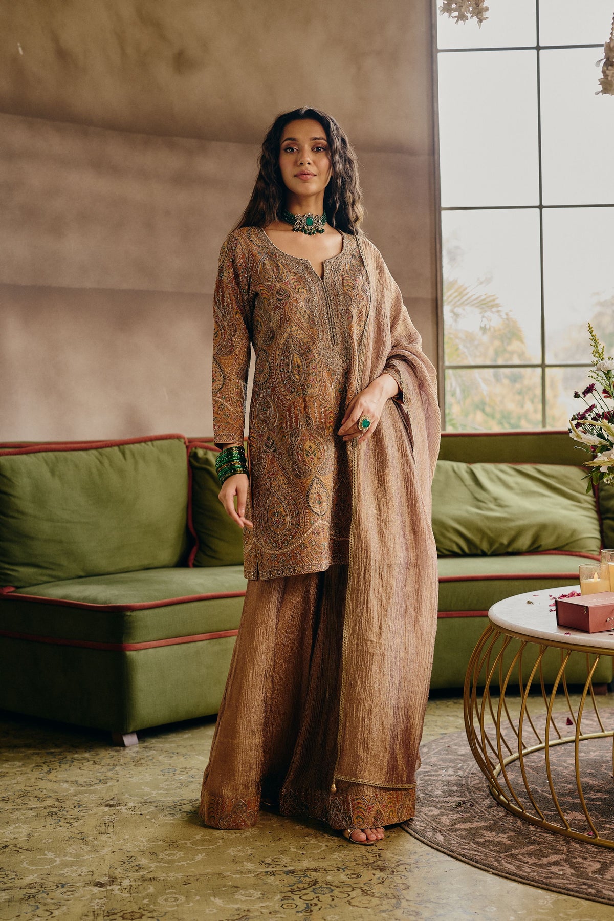 Muted Mustard Embellished Crushed Tissue Silk Palazzo Set
