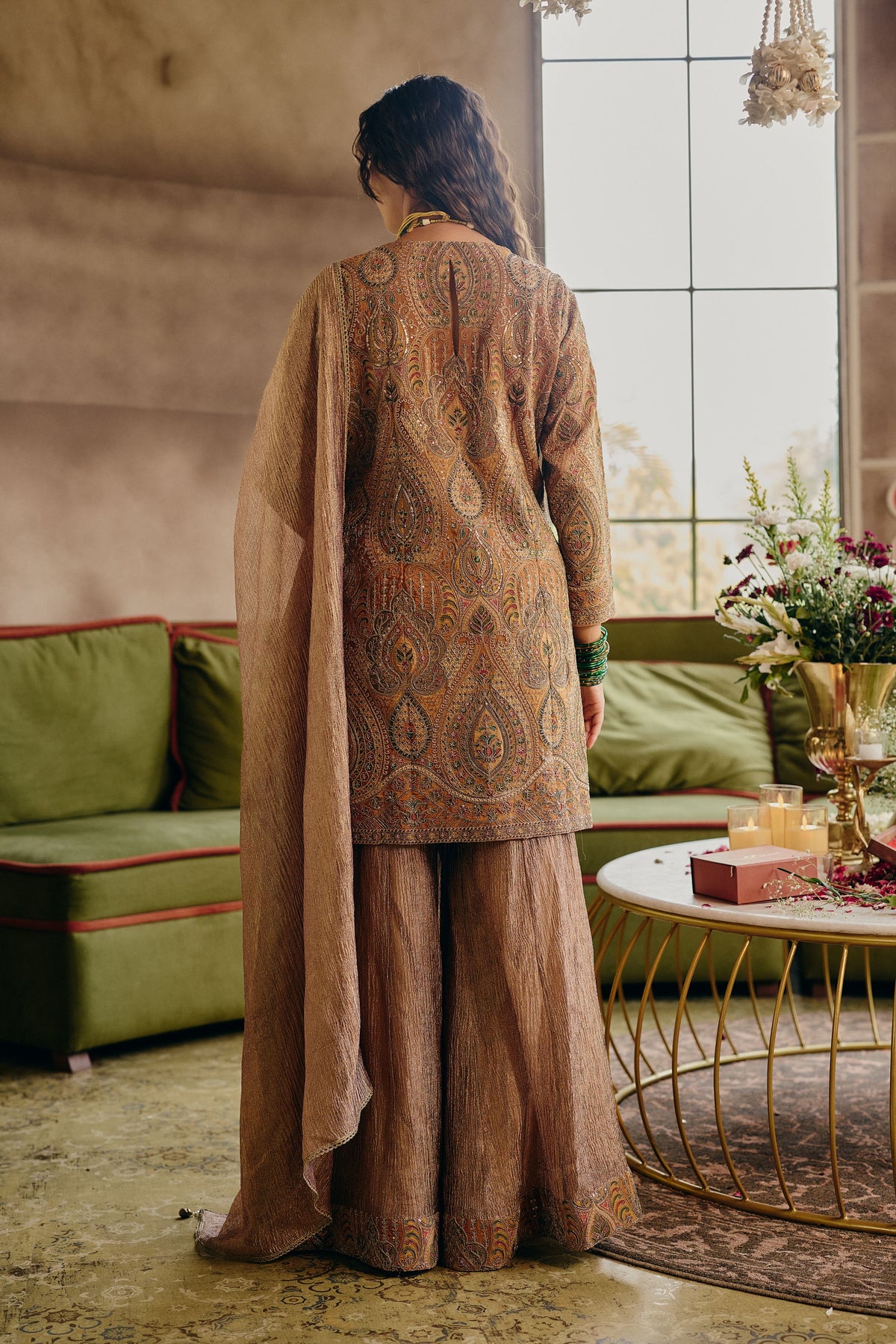 Muted Mustard Embellished Crushed Tissue Silk Palazzo Set