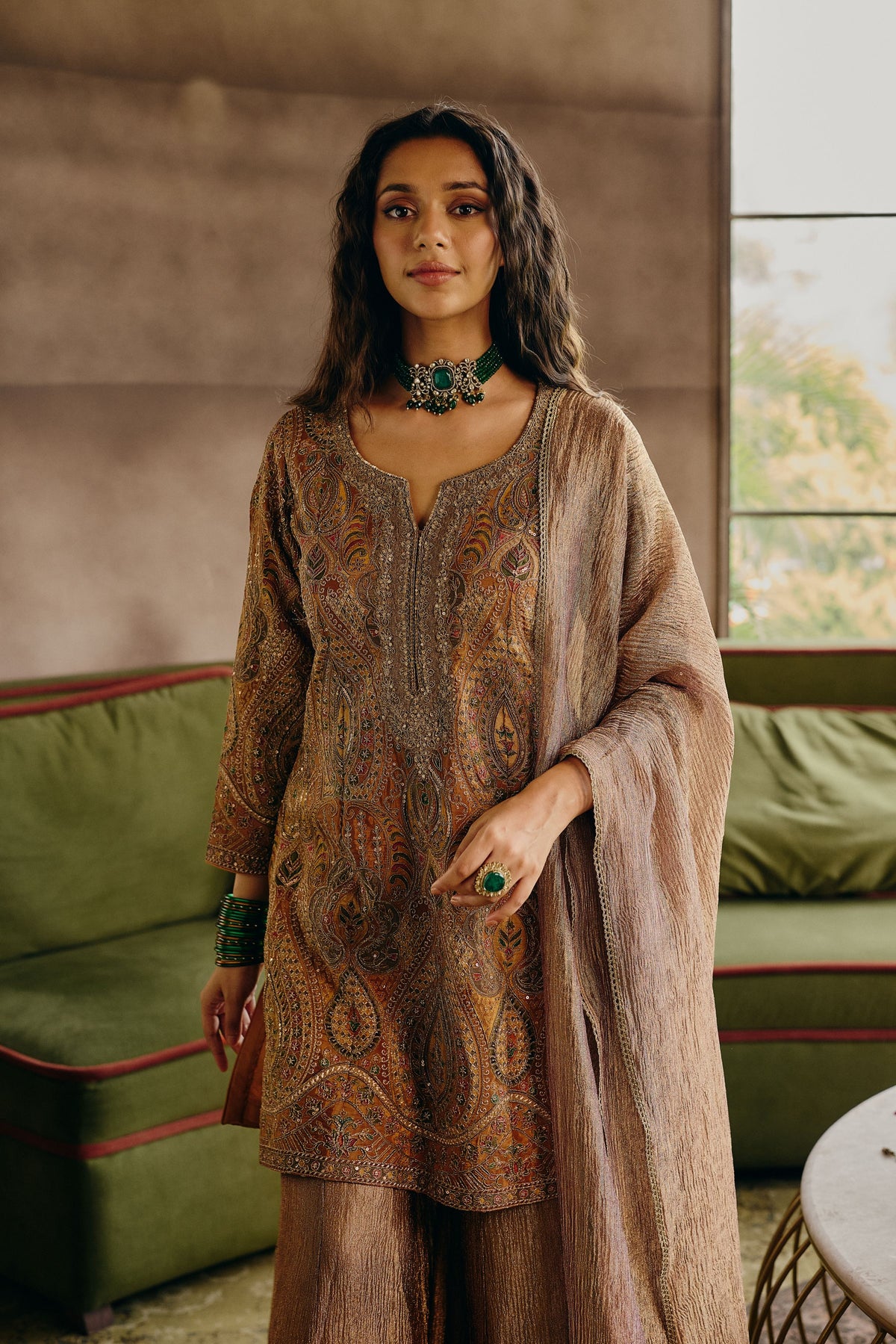 Muted Mustard Embellished Crushed Tissue Silk Palazzo Set