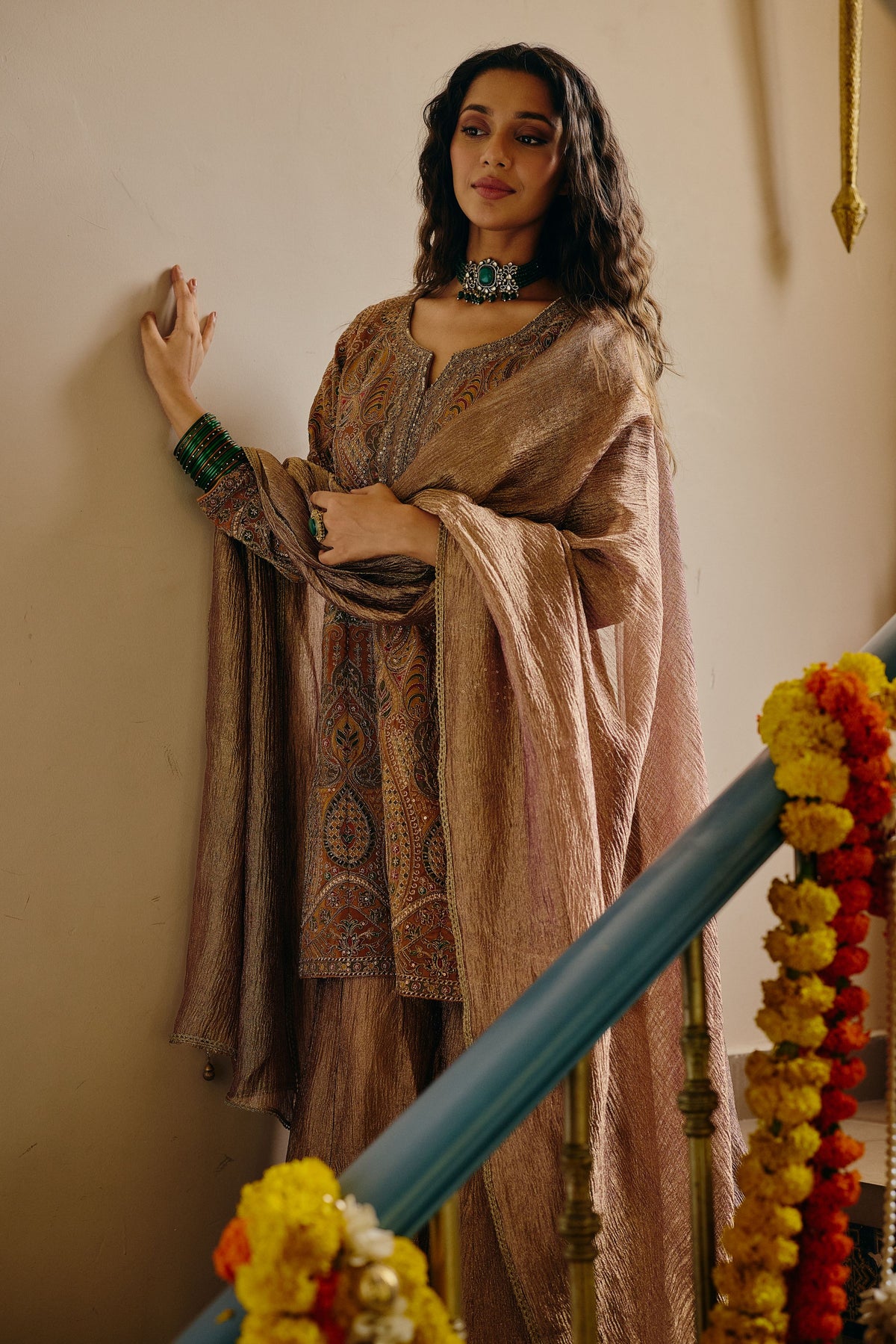 Muted Mustard Embellished Crushed Tissue Silk Palazzo Set