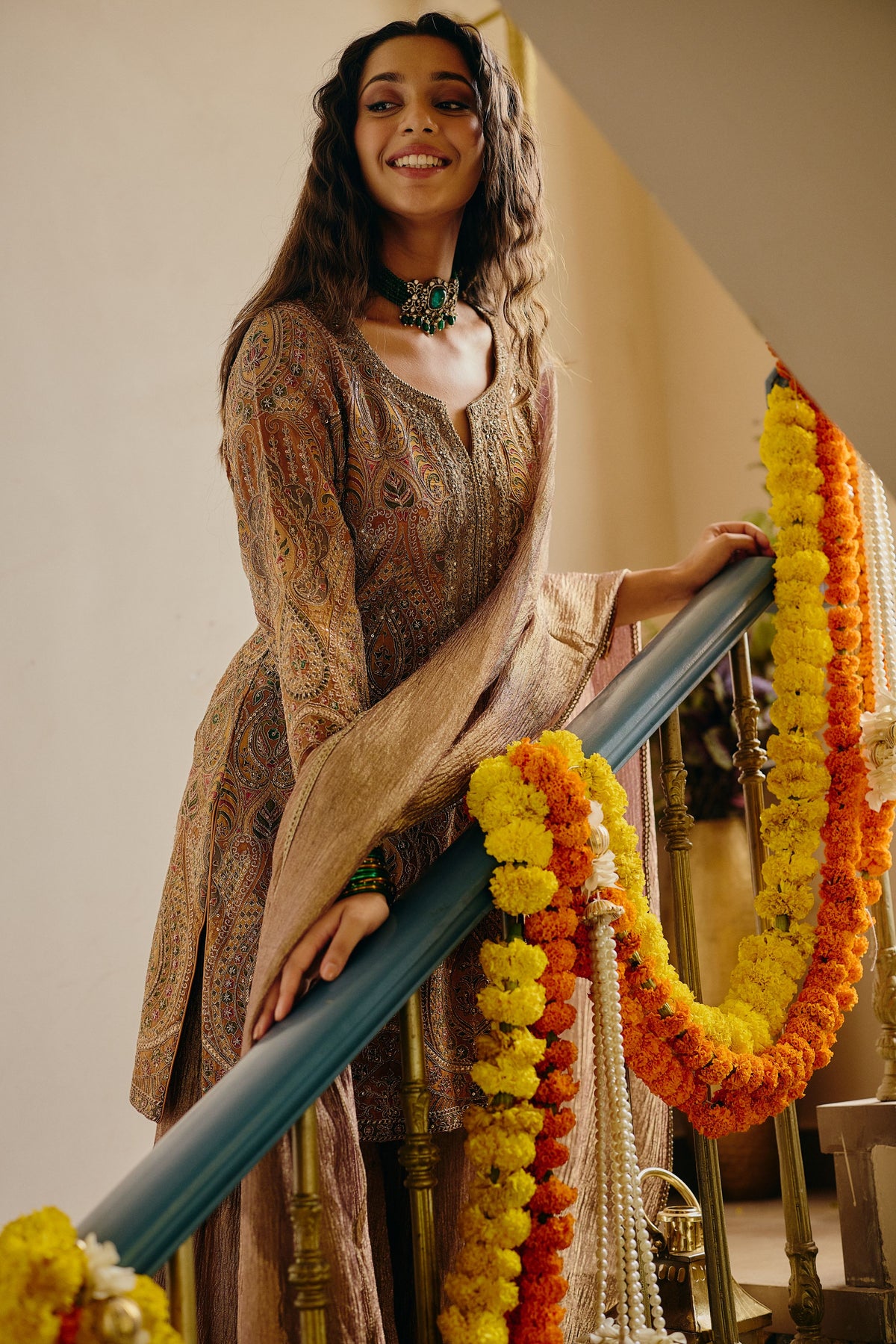 Muted Mustard Embellished Crushed Tissue Silk Palazzo Set