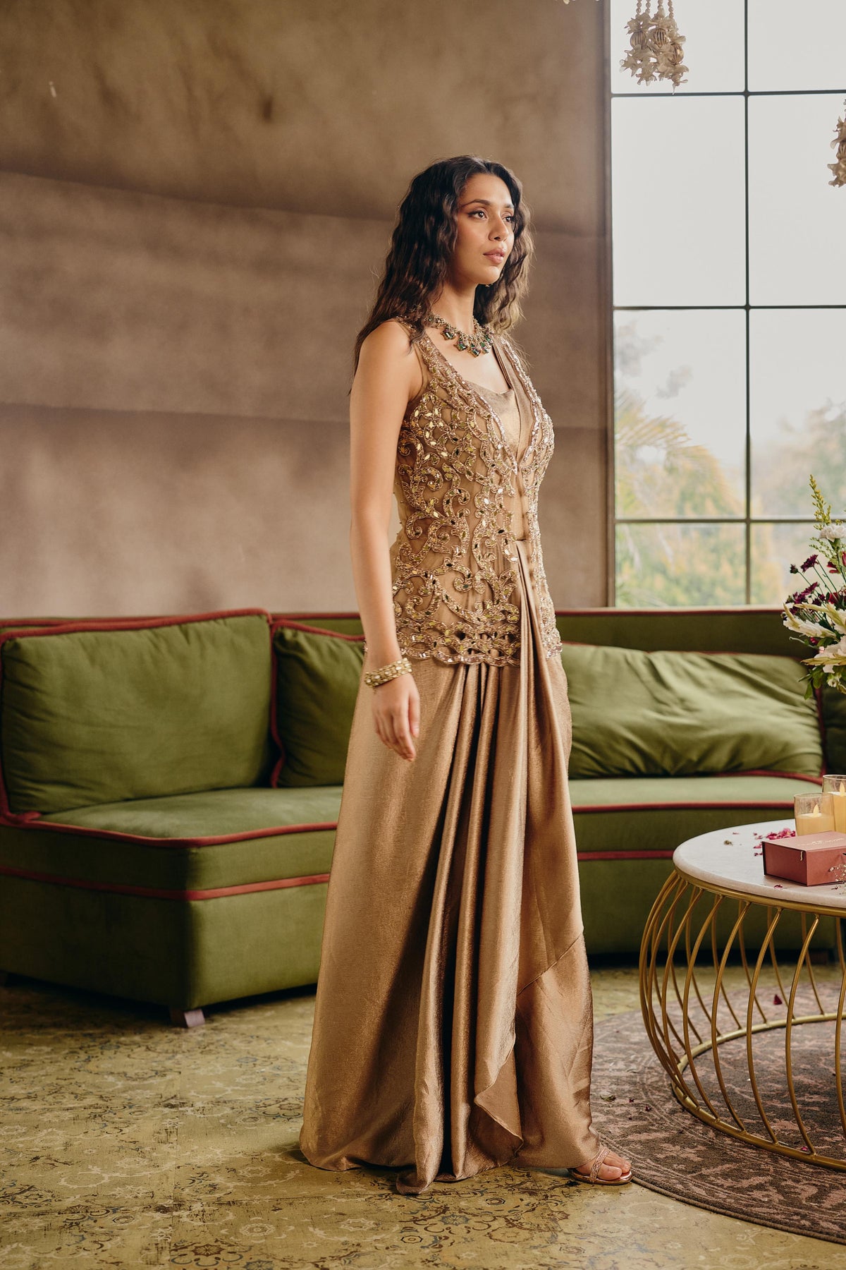 Beige Gold Embellished Crushed Silk Skirt Set with Draped Pallu