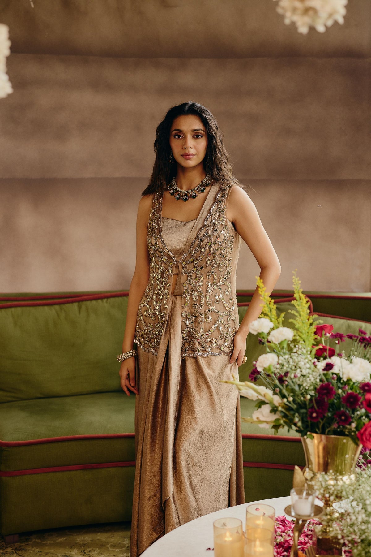 Beige Gold Embellished Crushed Silk Skirt Set with Draped Pallu