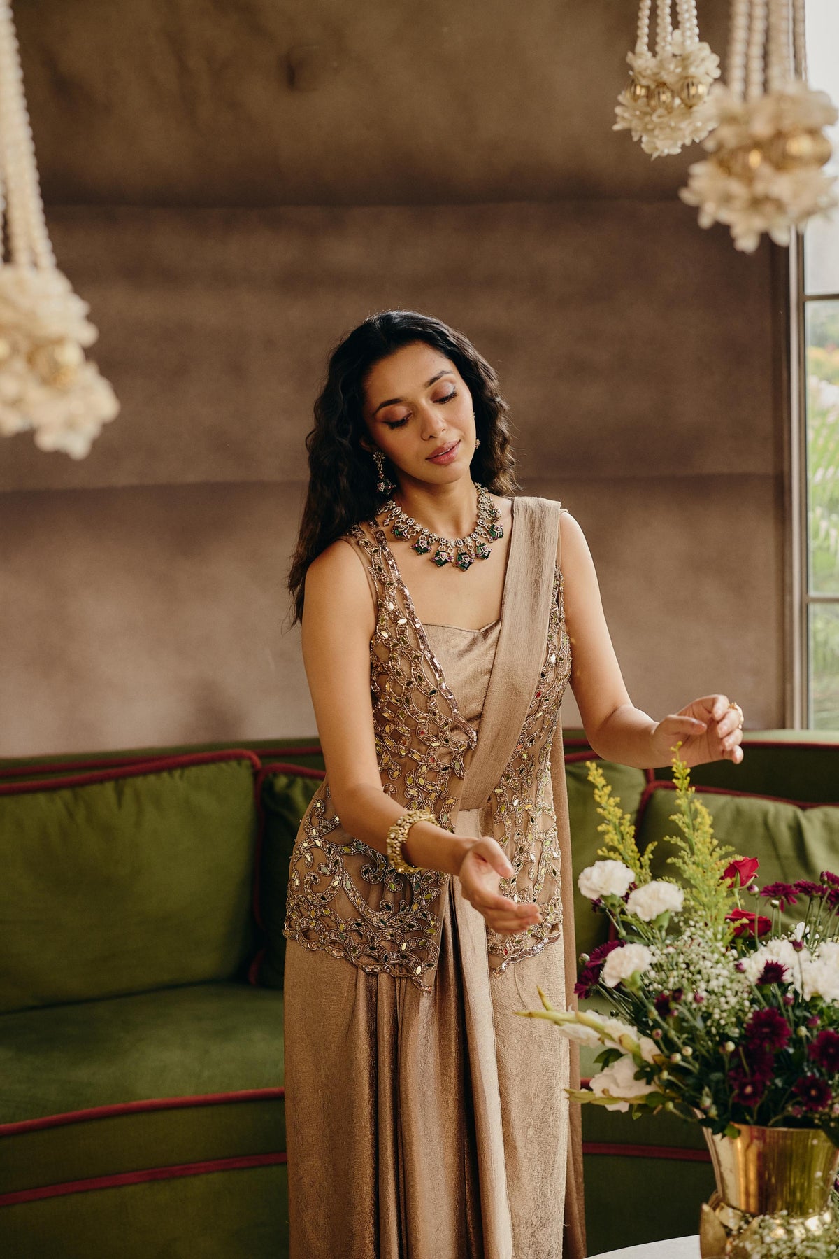 Beige Gold Embellished Crushed Silk Skirt Set with Draped Pallu