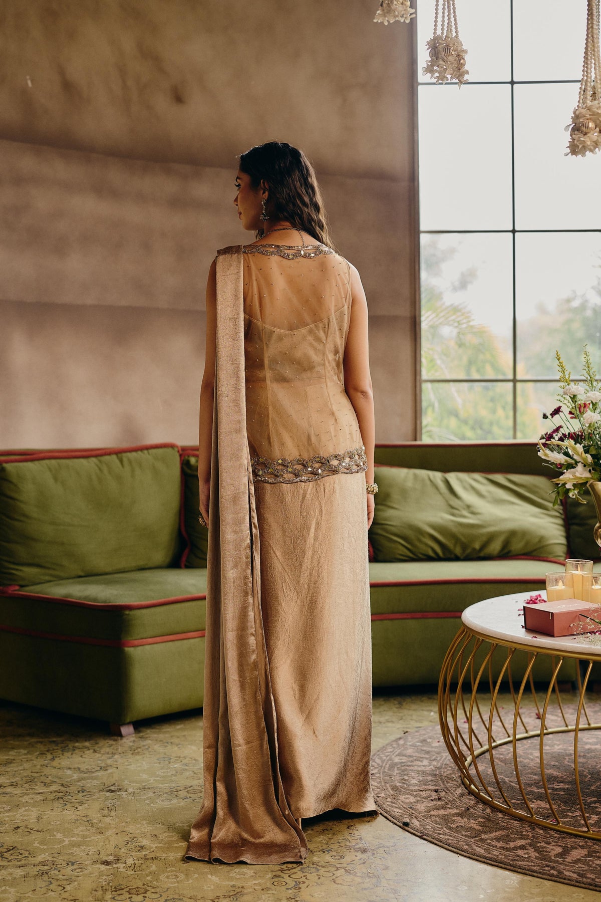 Beige Gold Embellished Crushed Silk Skirt Set with Draped Pallu