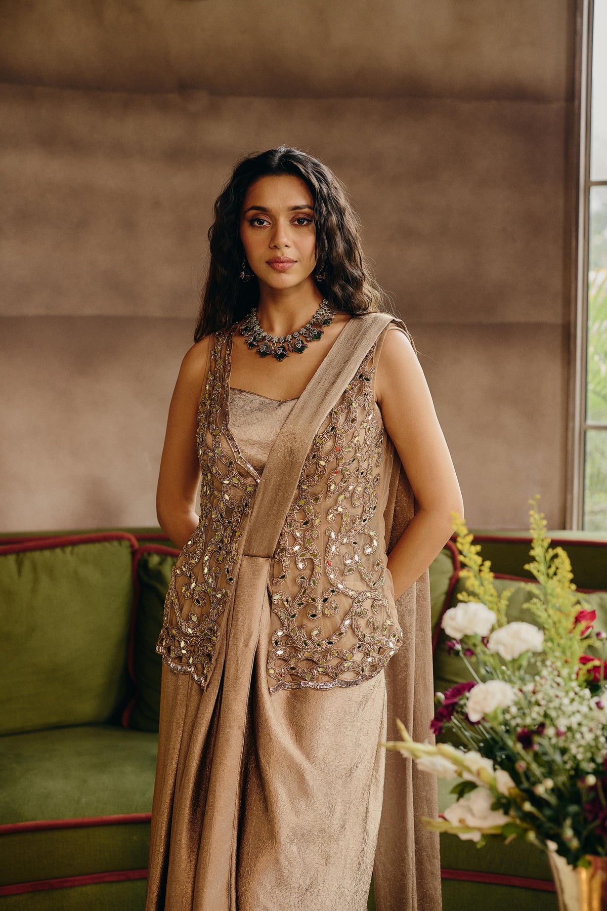 Beige Gold Embellished Crushed Silk Skirt Set with Draped Pallu