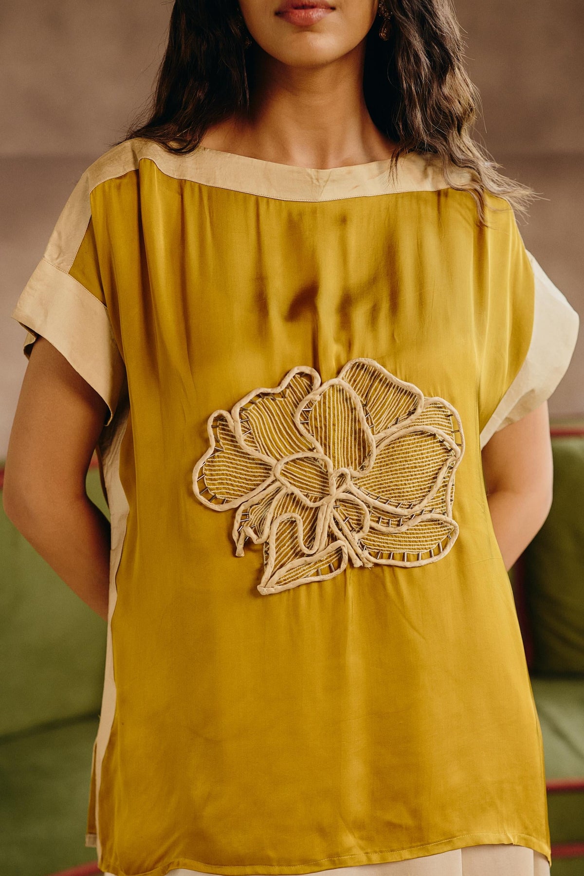 Mustard Ivory Embellished Satin Silk Co-Ord Set