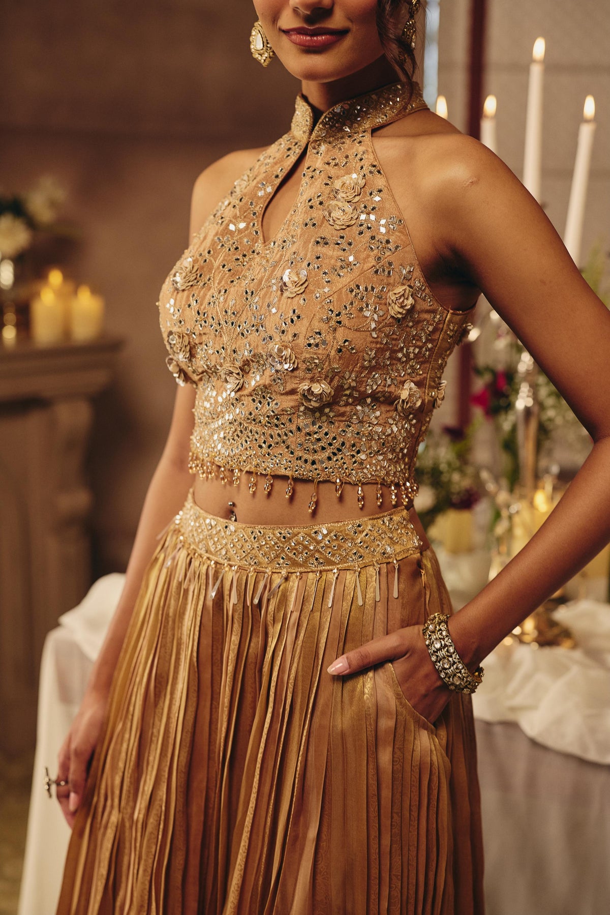 Bronze Beige Embellished Crushed Silk Skirt Set