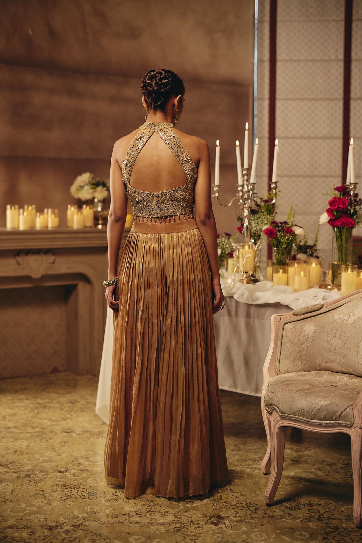 Bronze Beige Embellished Crushed Silk Skirt Set