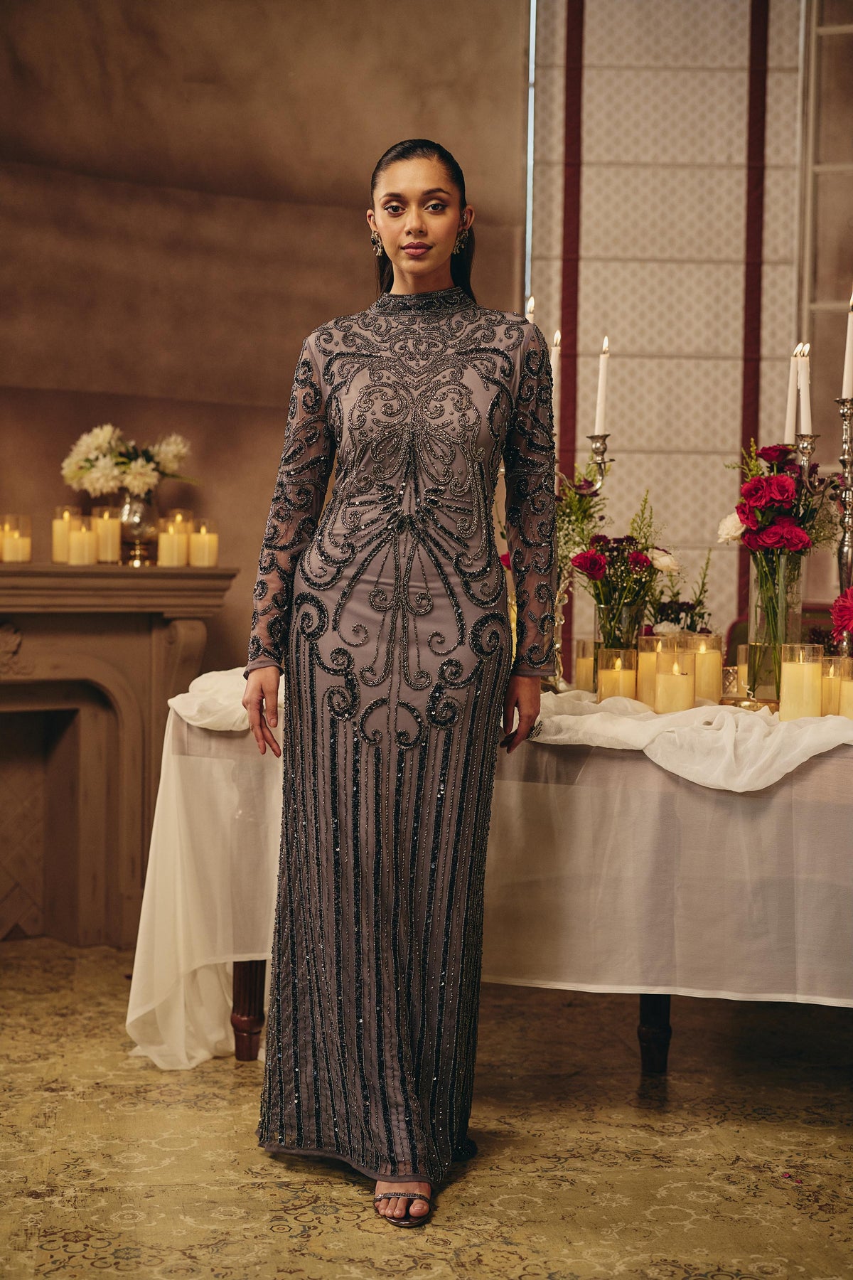 Smoke Grey Embellished Premium Net Maxi Gown