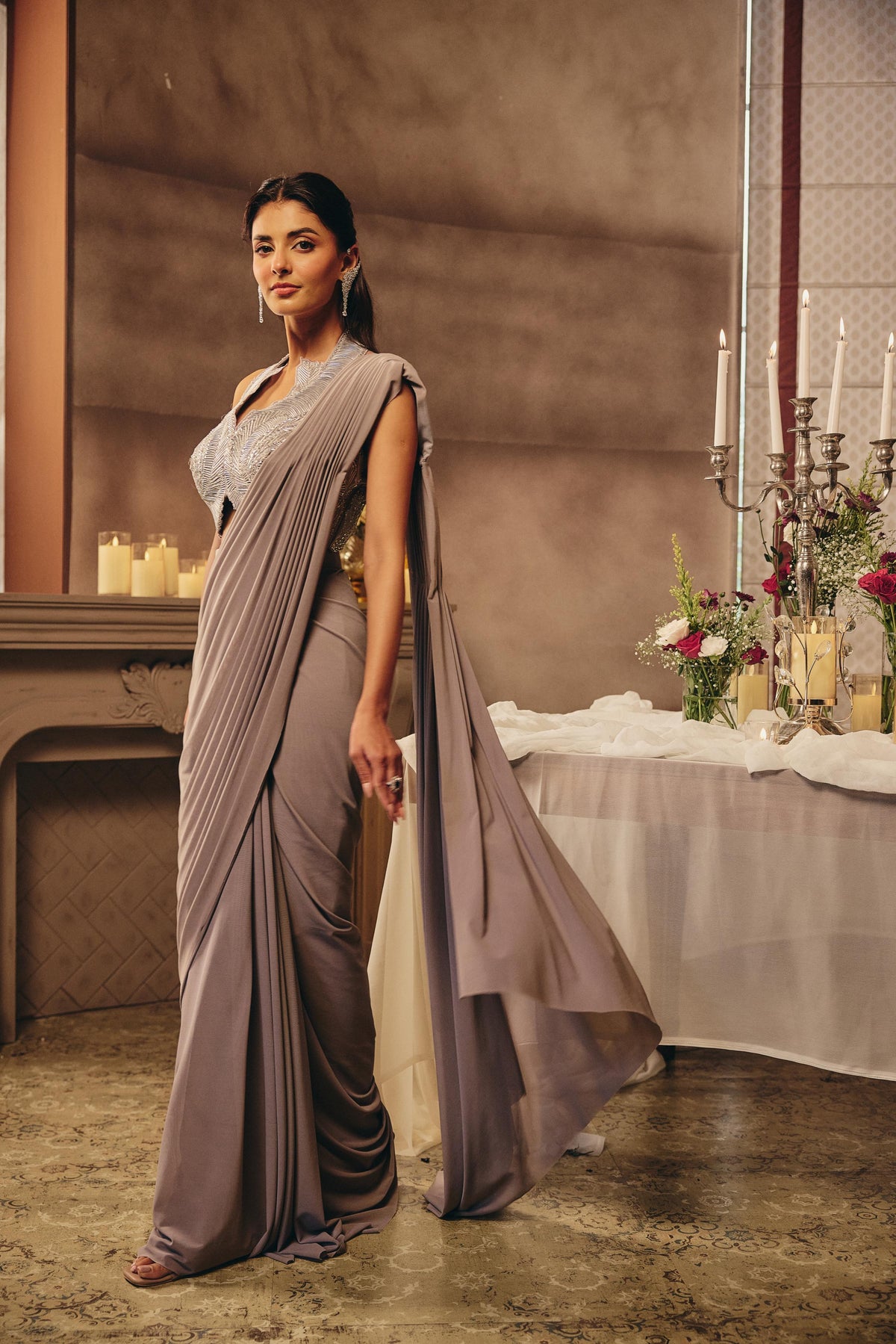 Smoky Taupe Embellished Premium Net Pre-draped Saree