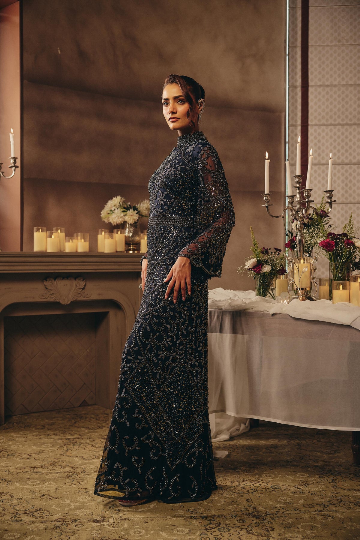 Midnight Navy Embellished Premium Net Maxi Gown