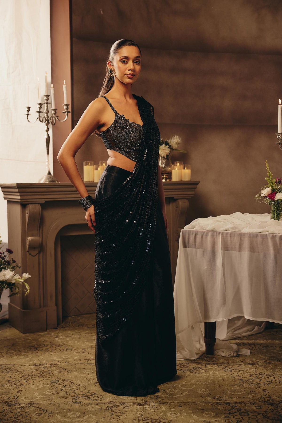 Midnight Black Embellished Premium Net Pre-Draped Saree