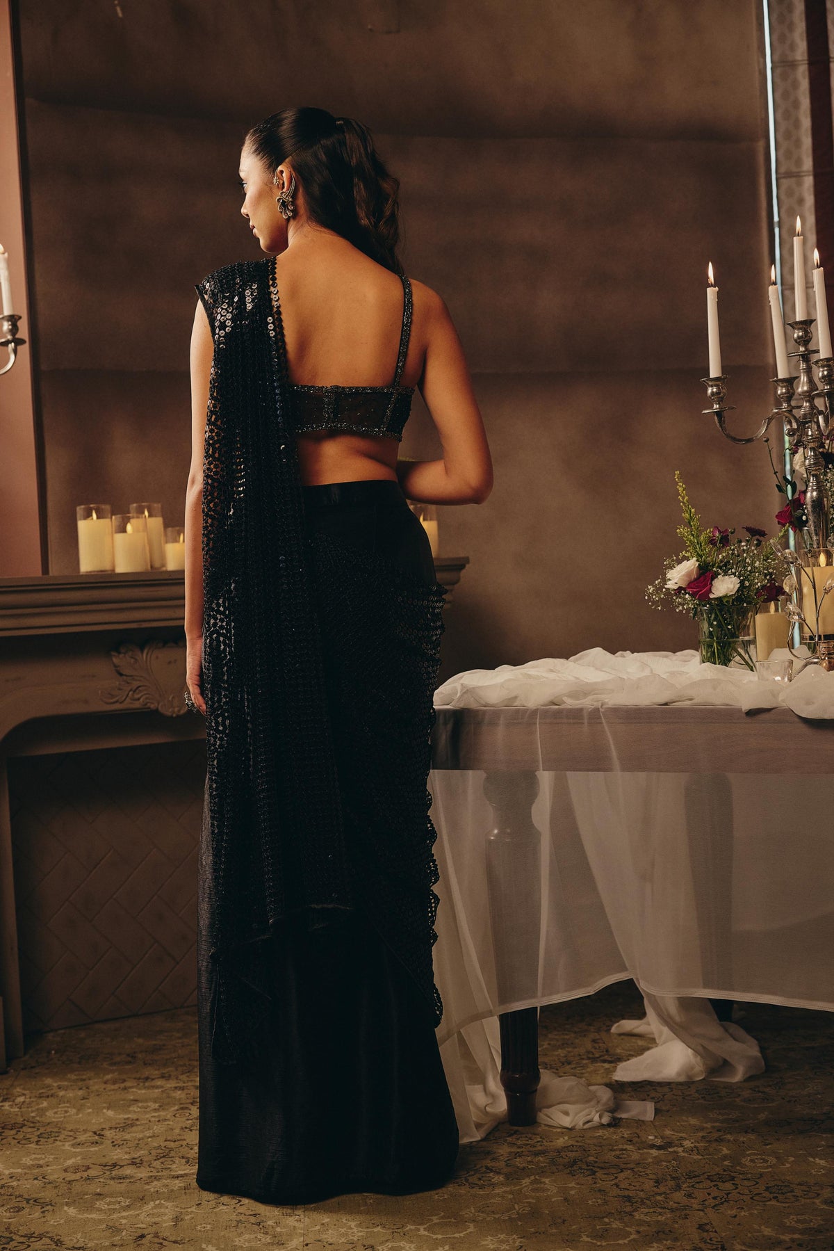 Midnight Black Embellished Premium Net Pre-Draped Saree