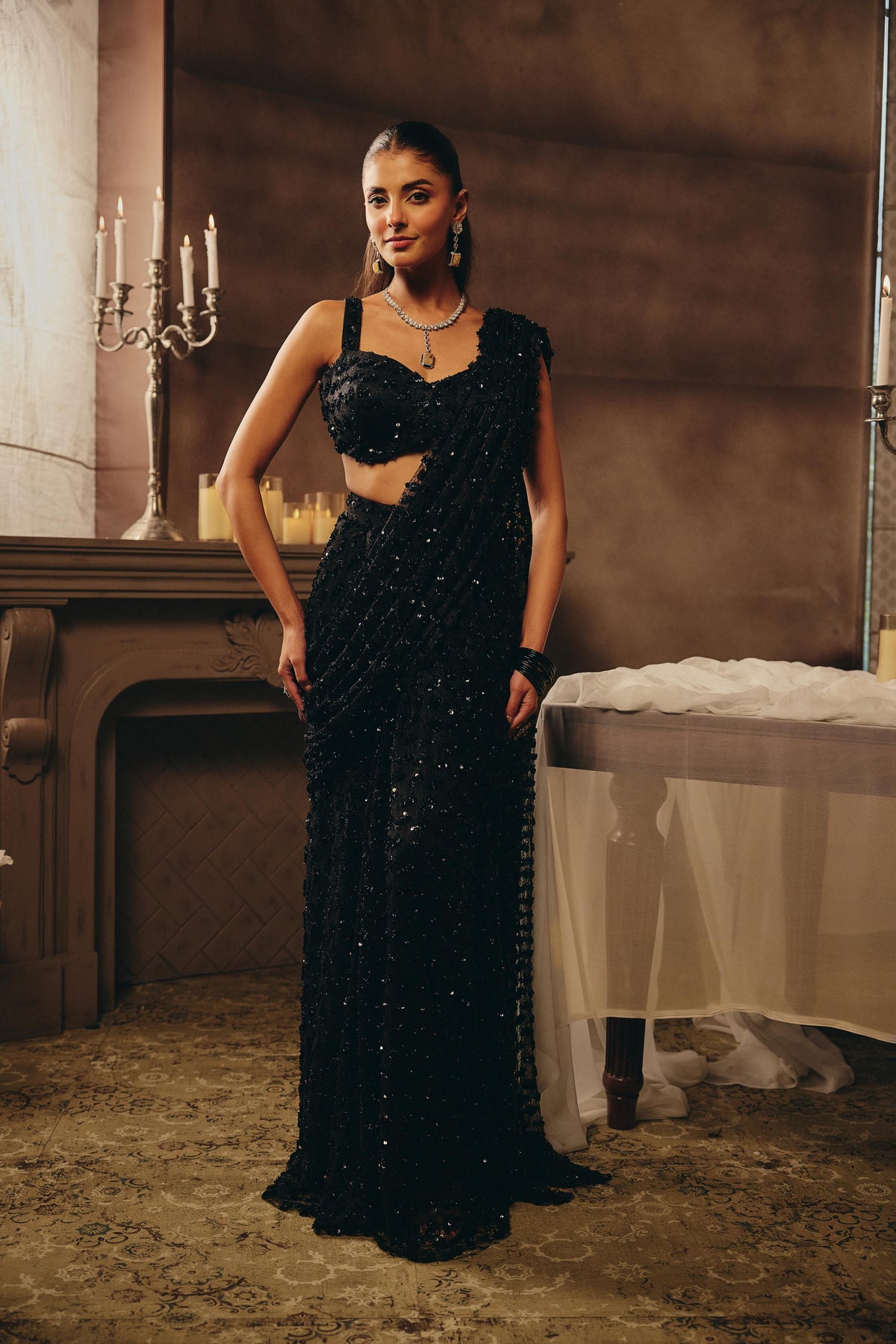 Jet Black Embellished Premium Net Draped Saree