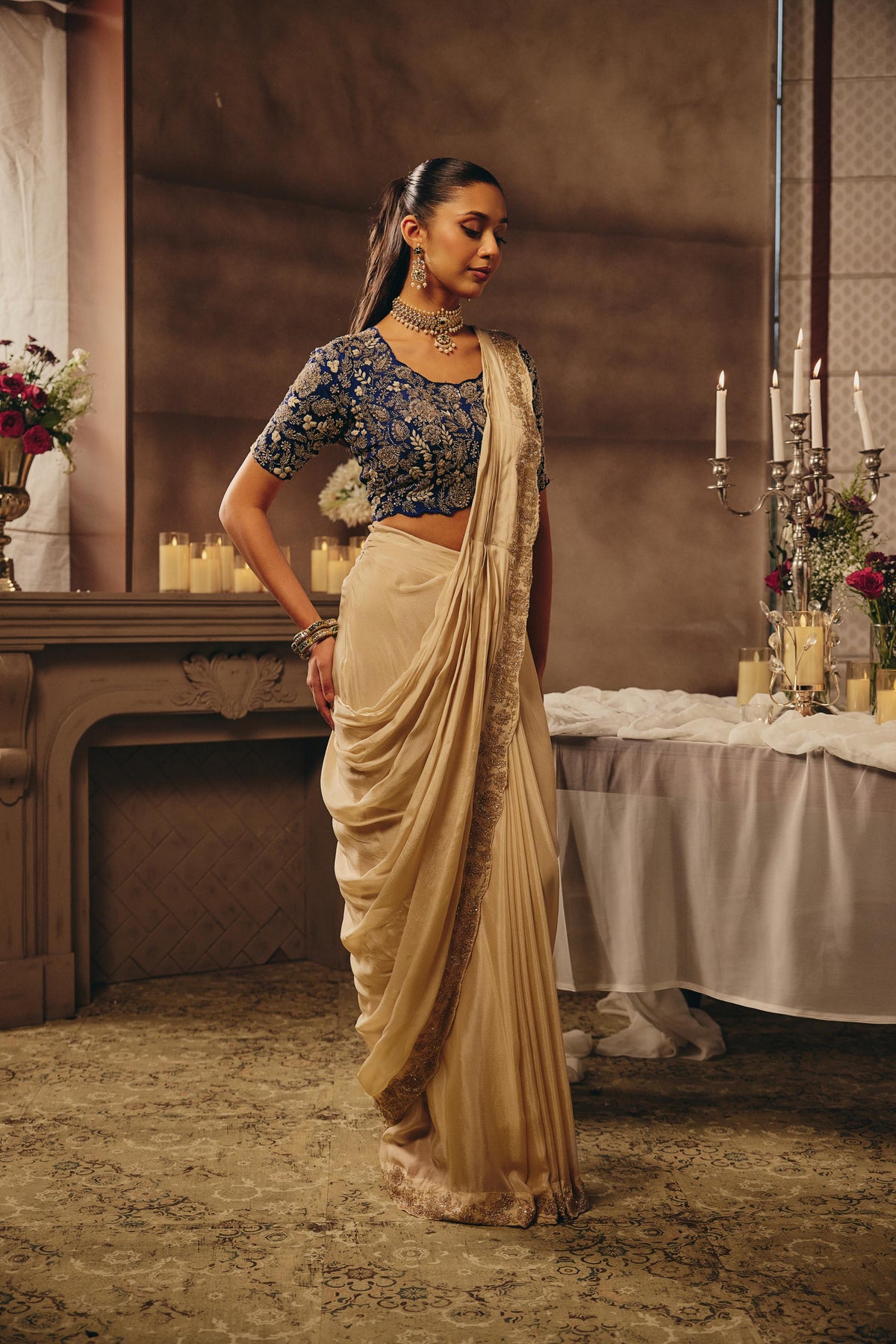 Cream Ivory & Royal Blue Embellished Chinon Silk Saree