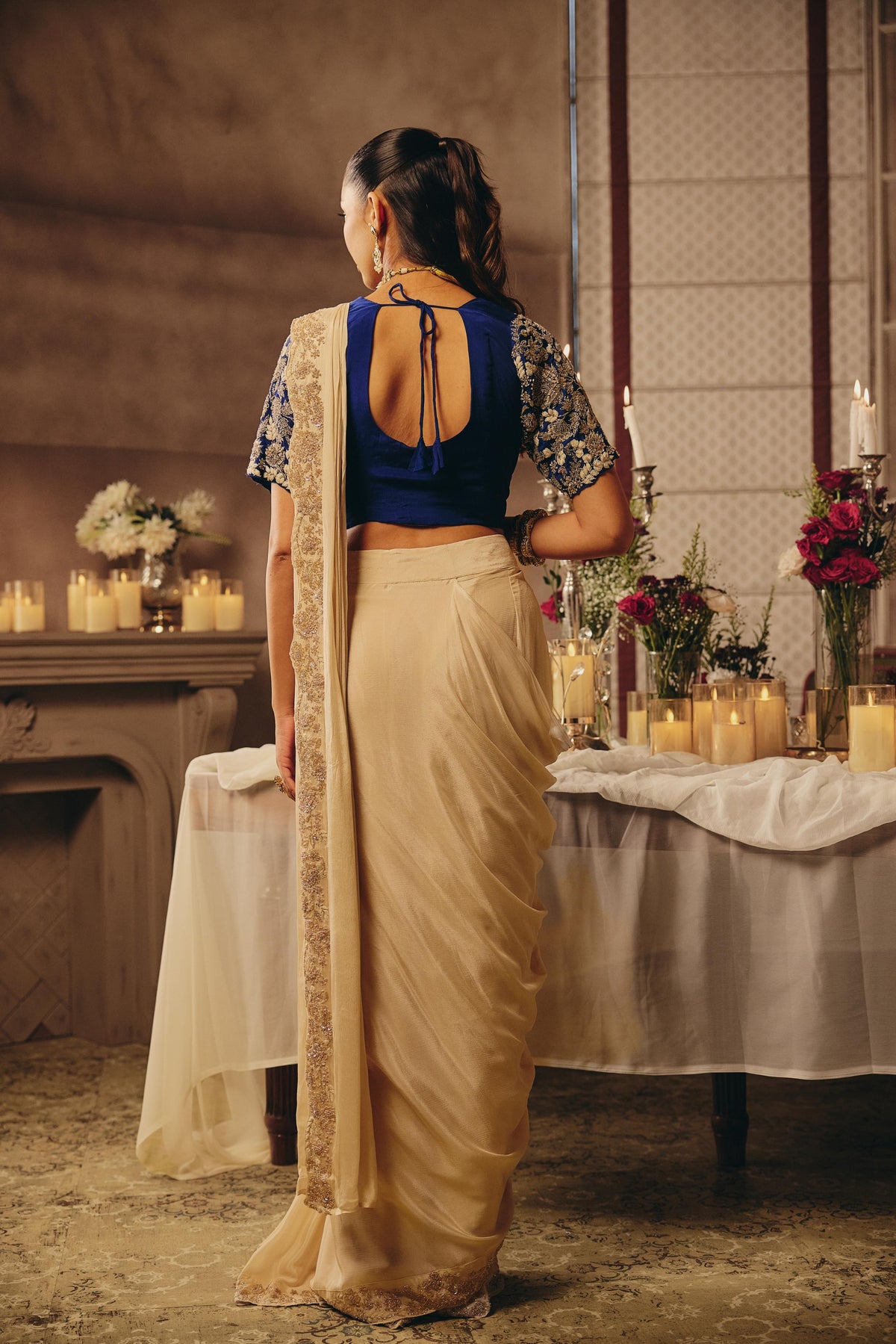 Cream Ivory & Royal Blue Embellished Chinon Silk Saree