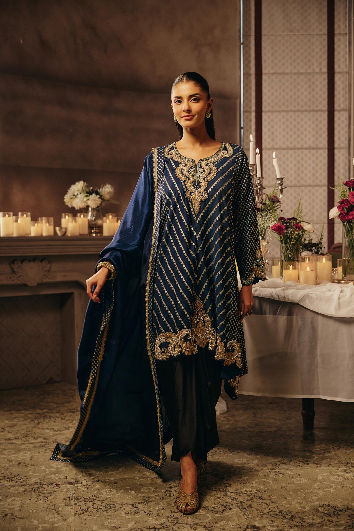 Deep Navy Blue Embellished Crepe Silk Dhoti Set