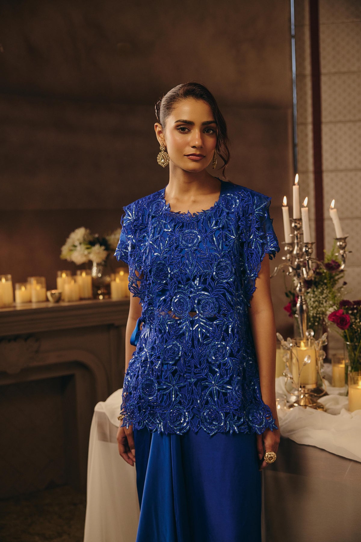 Electric Blue Embellished Satin Silk Skirt Set