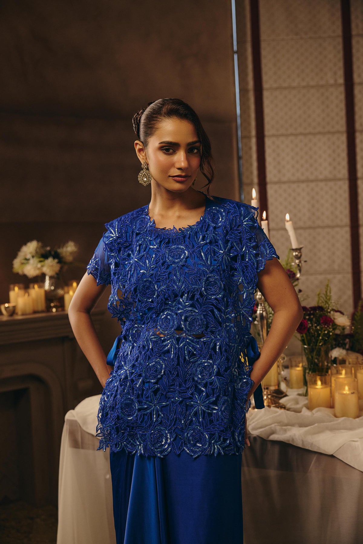 Electric Blue Embellished Satin Silk Skirt Set