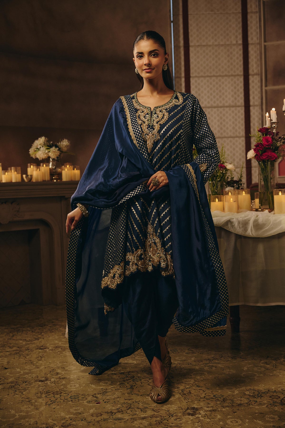 Deep Navy Blue Embellished Crepe Silk Dhoti Set