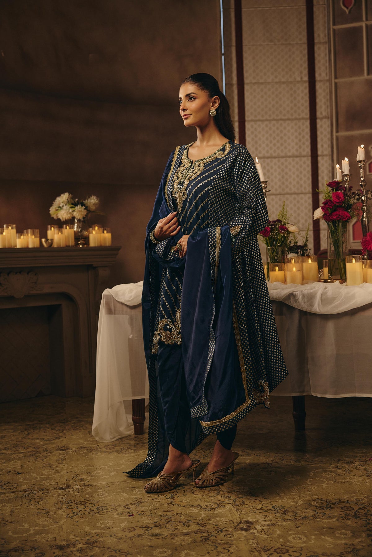 Deep Navy Blue Embellished Crepe Silk Dhoti Set