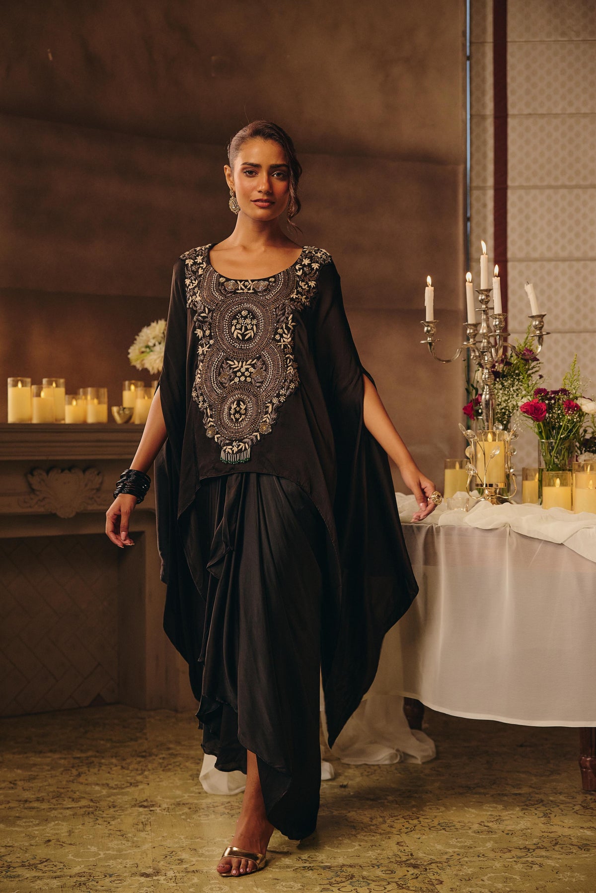 Raven Black Embellished Satin Silk Skirt Set