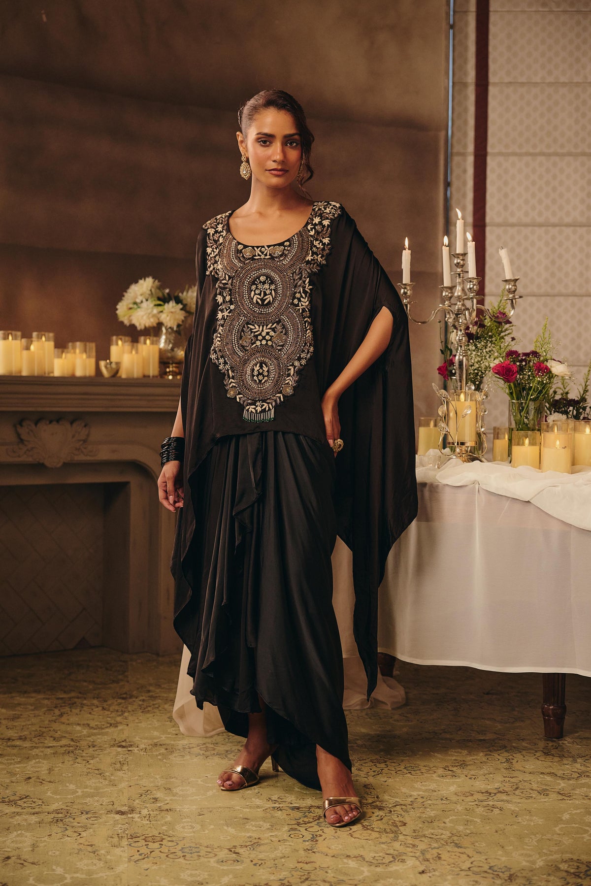 Raven Black Embellished Satin Silk Skirt Set