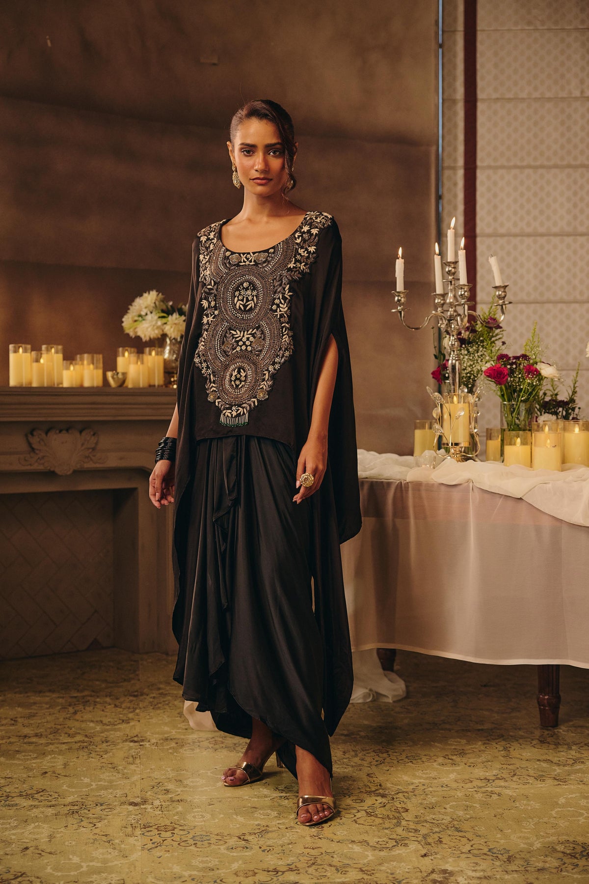Raven Black Embellished Satin Silk Skirt Set