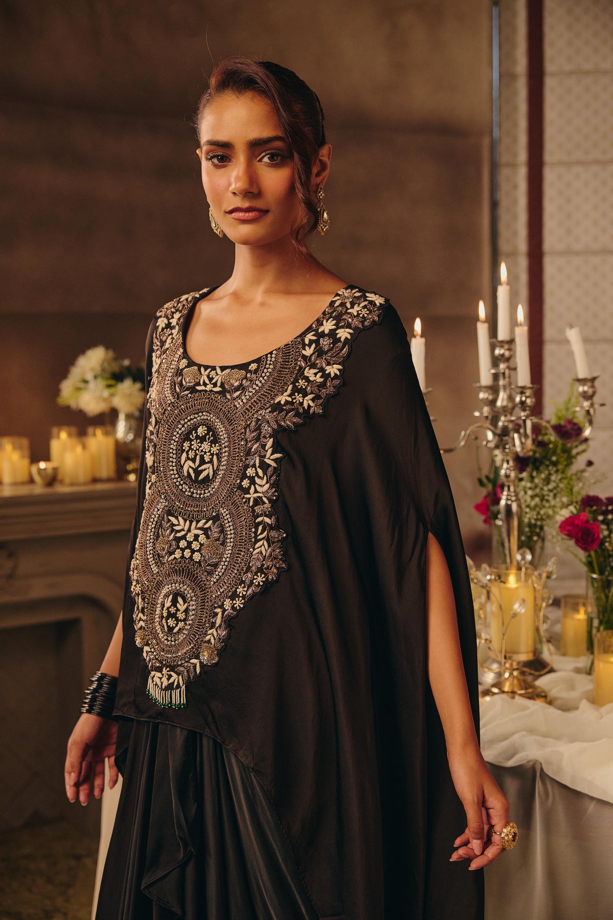 Raven Black Embellished Satin Silk Skirt Set