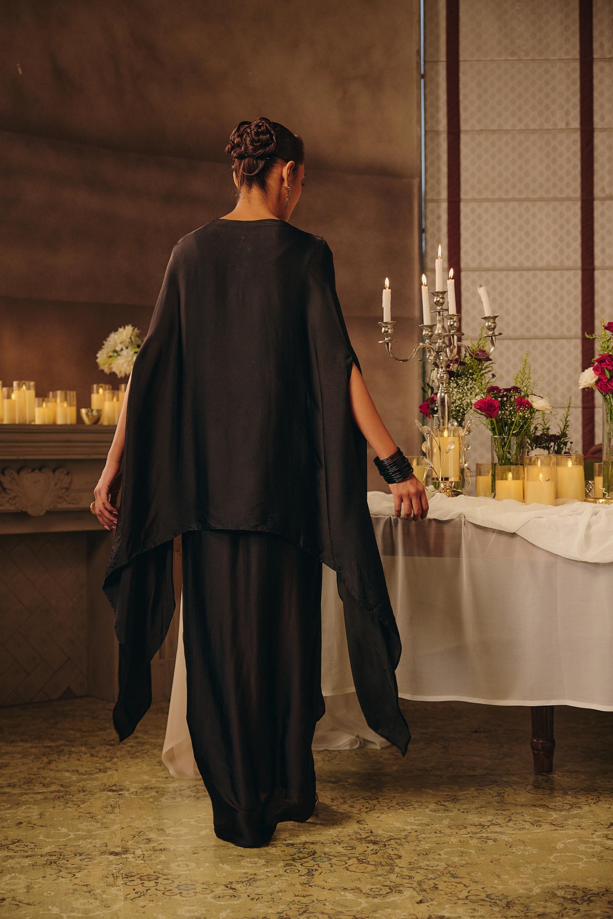 Raven Black Embellished Satin Silk Skirt Set