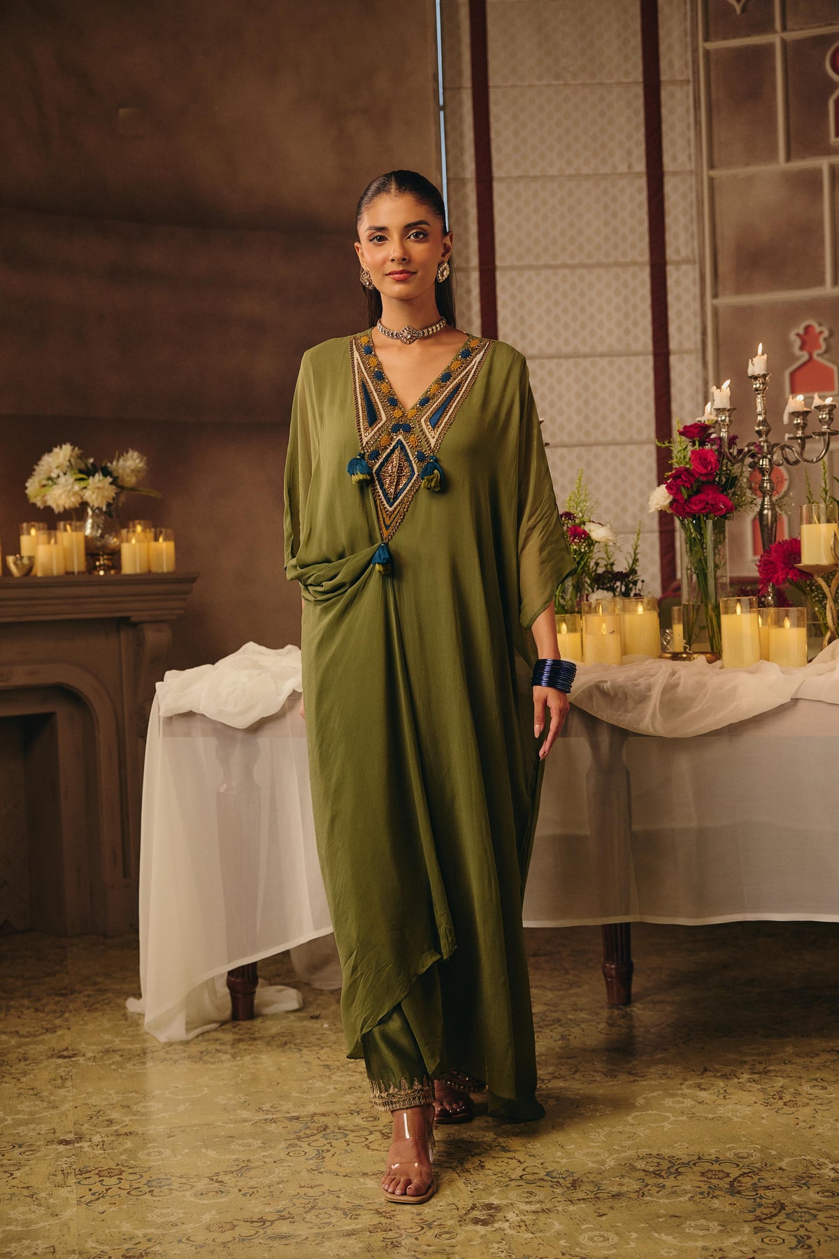 Light Green Embellished Georgette Silk Kaftan Set