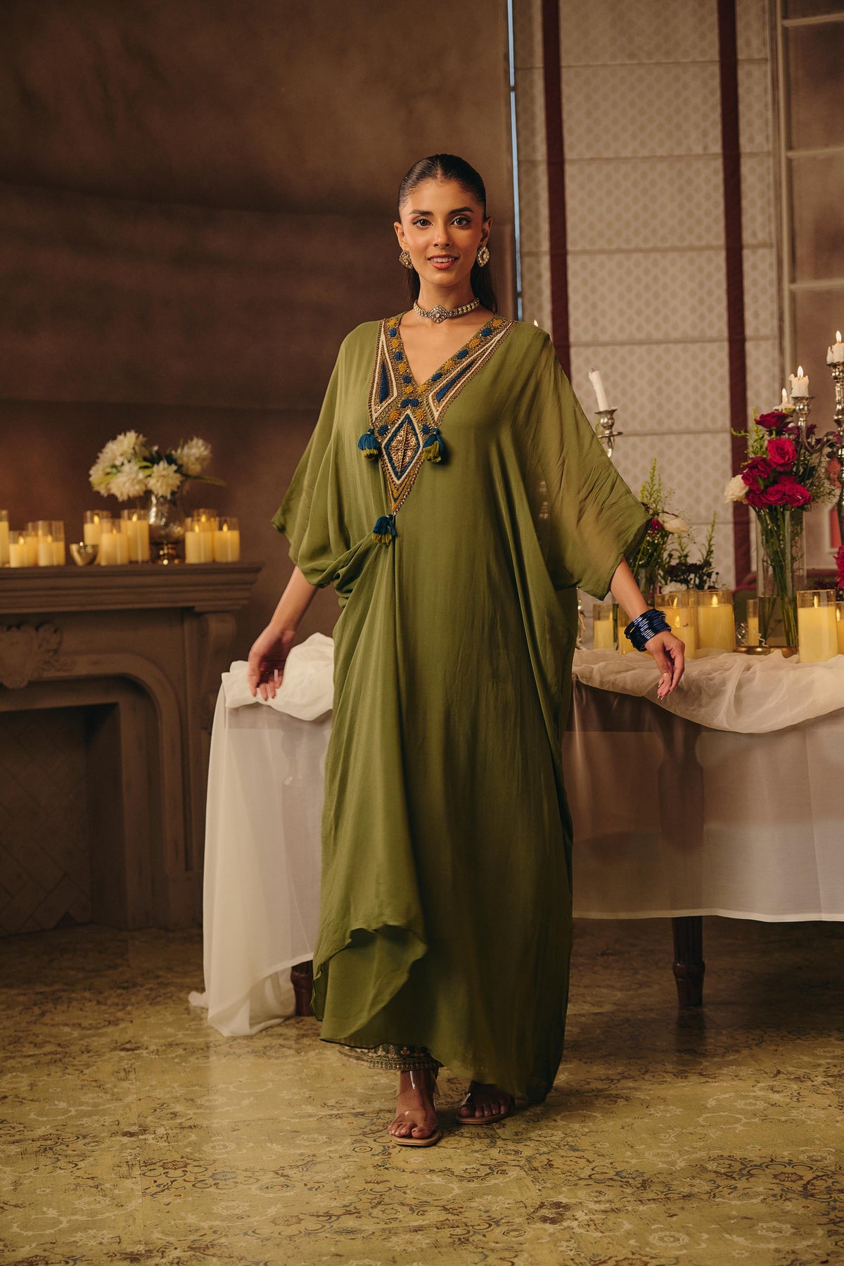 Light Green Embellished Georgette Silk Kaftan Set