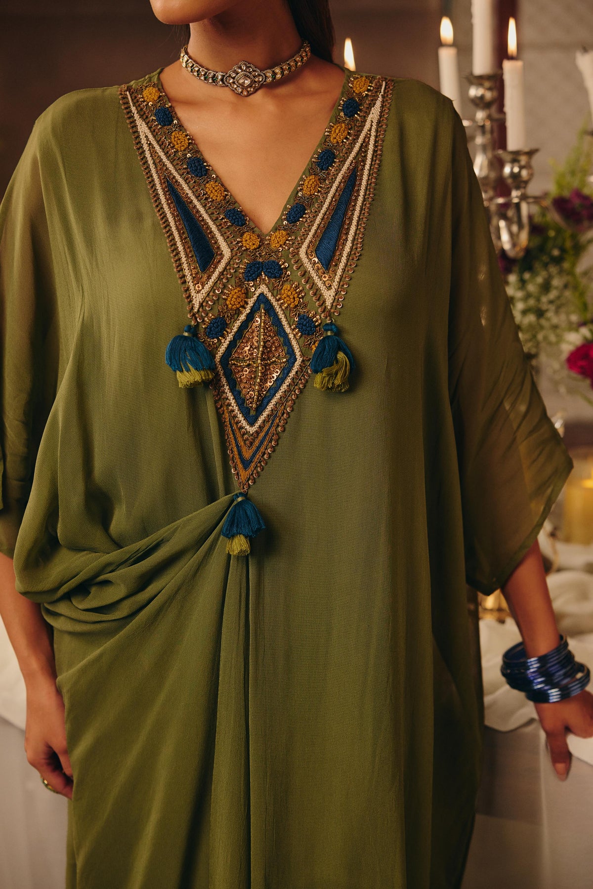 Light Green Embellished Georgette Silk Kaftan Set