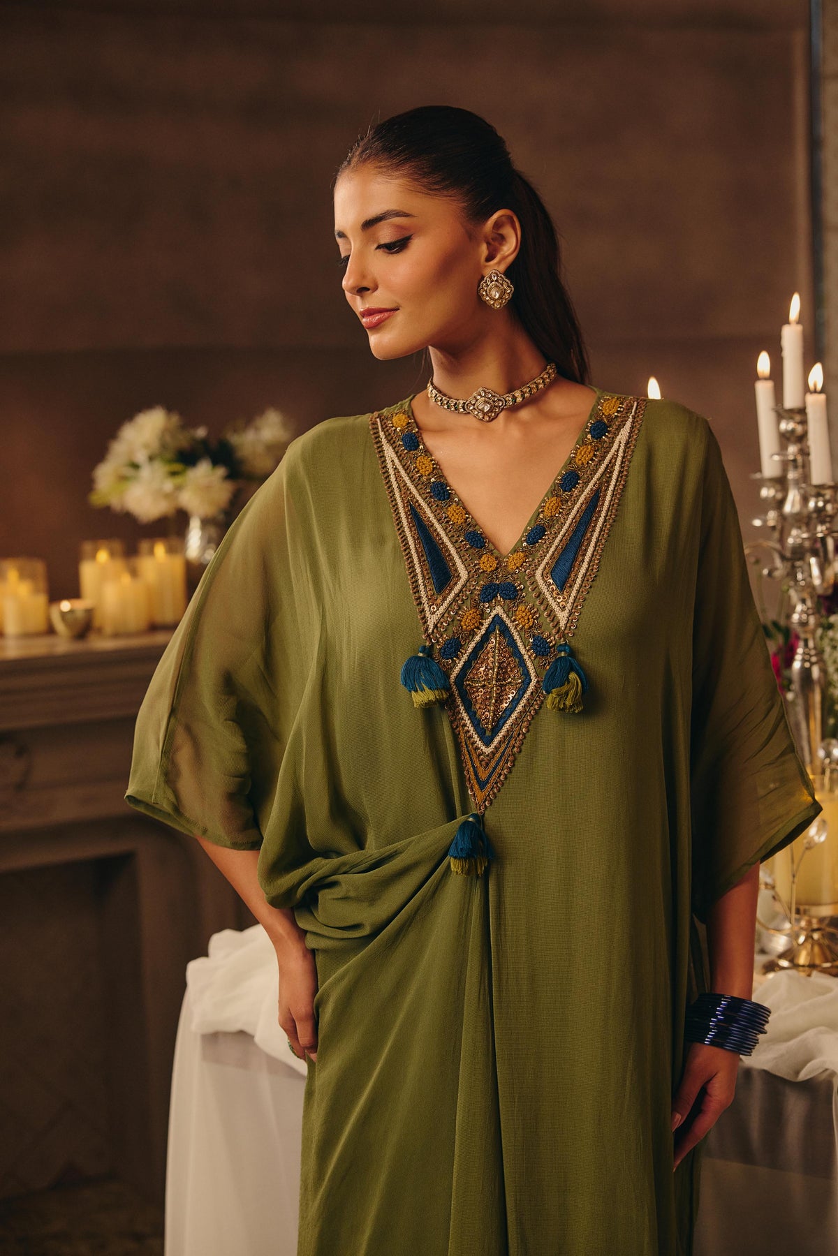 Light Green Embellished Georgette Silk Kaftan Set