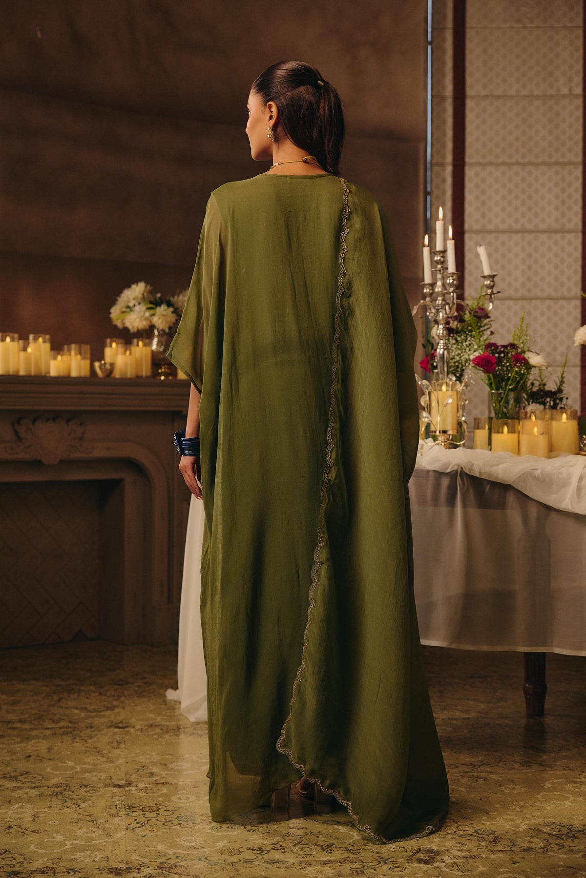 Light Green Embellished Georgette Silk Kaftan Set