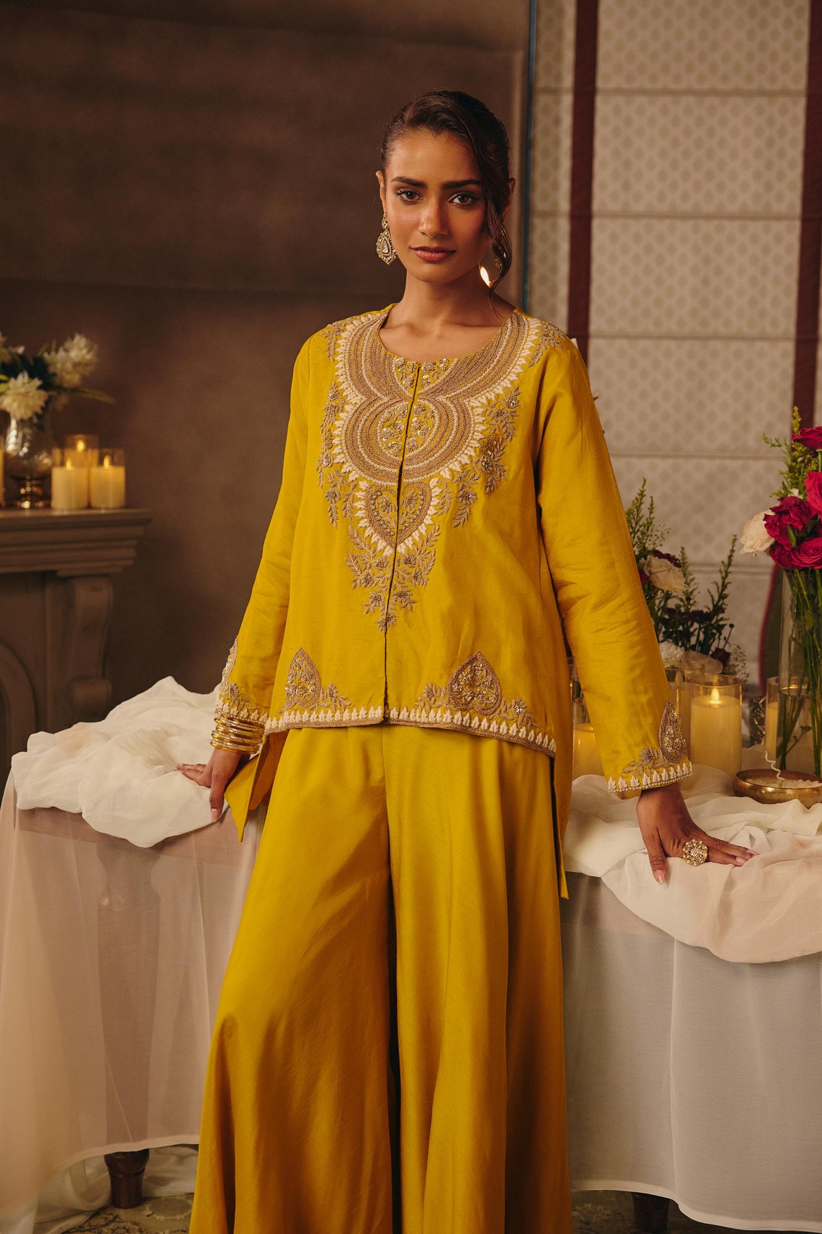 Bright Yellow Embellished Raw Silk Palazzo Set