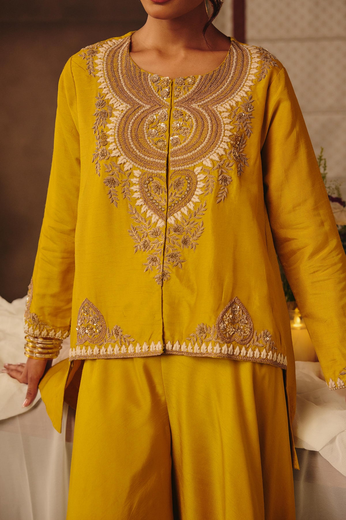 Bright Yellow Embellished Raw Silk Palazzo Set