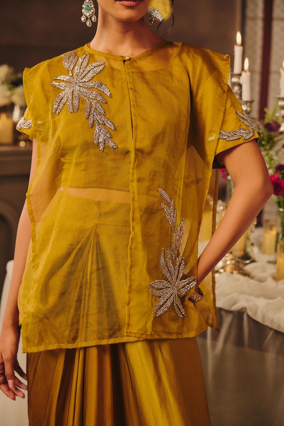 Muted Olive Embellished Crepe Satin Silk Skirt Set