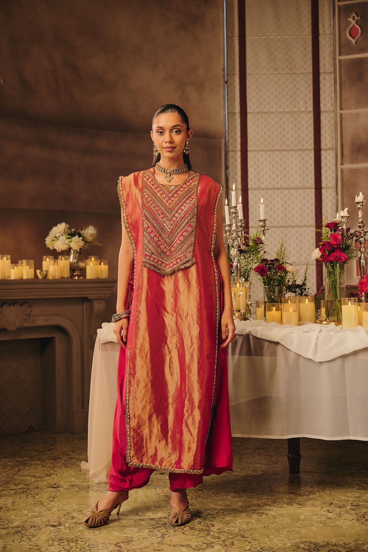 Pink Shine Embellished Shimmer Tissue Silk Pant Set